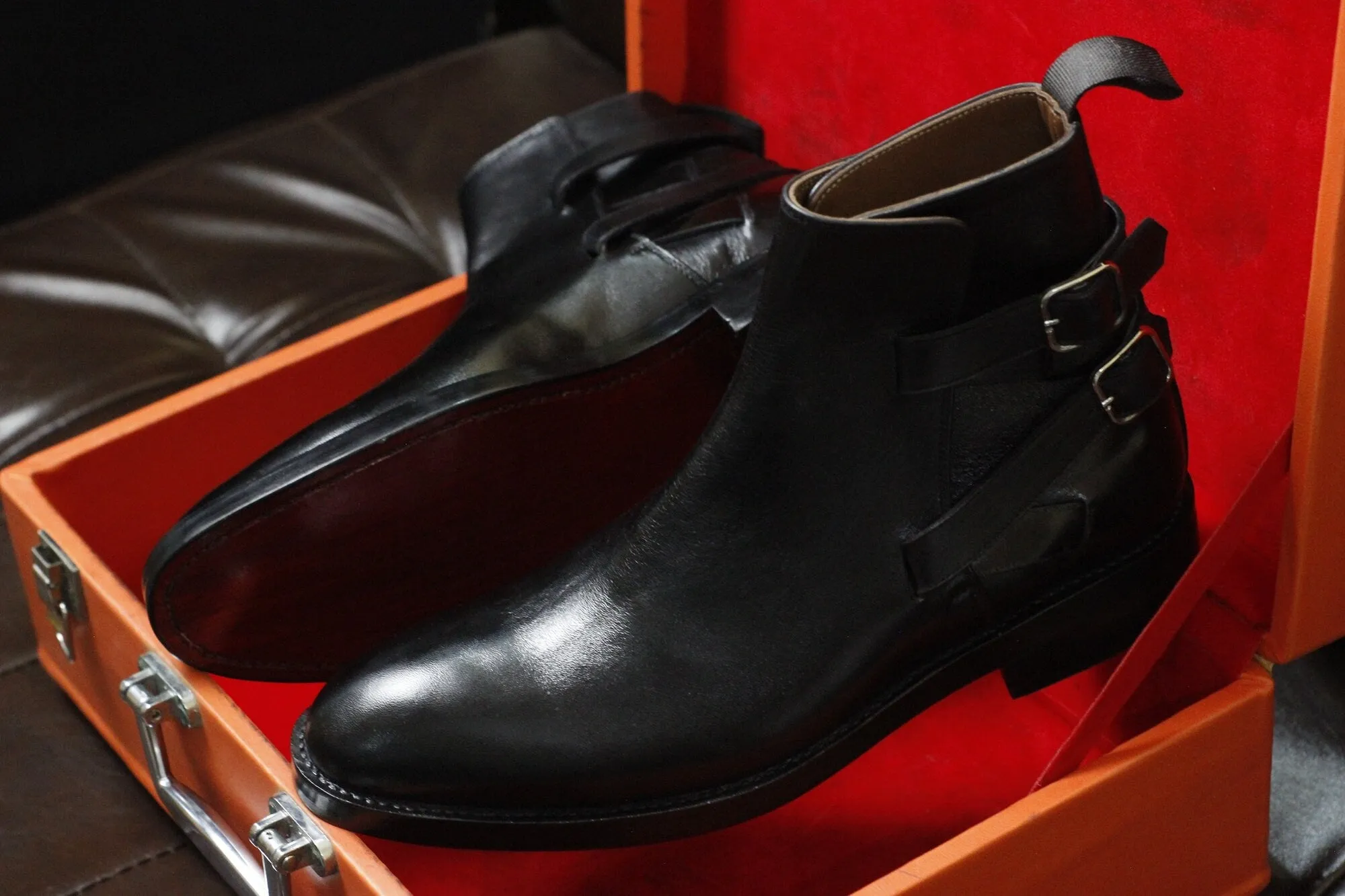 New Men's Handmade Formal Shoes Black Leather Ankle High Double Buckle Straps Jodhpur Style Boots