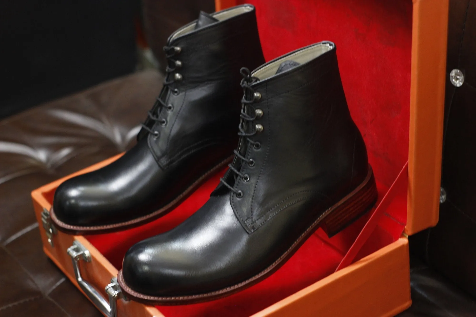 New Men's Handmade Formal Shoes Black Leather Lace Up Stylish Ankle High Combat Style Formal Boots