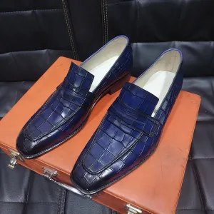 New Men's Handmade Formal Shoes Blue Crocodile Textured Leather Loafer Stylish Slip On Moccasin Shoes