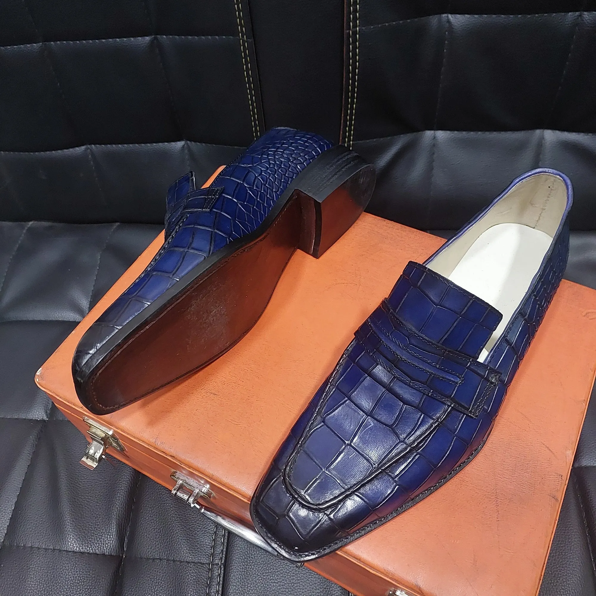 New Men's Handmade Formal Shoes Blue Crocodile Textured Leather Loafer Stylish Slip On Moccasin Shoes