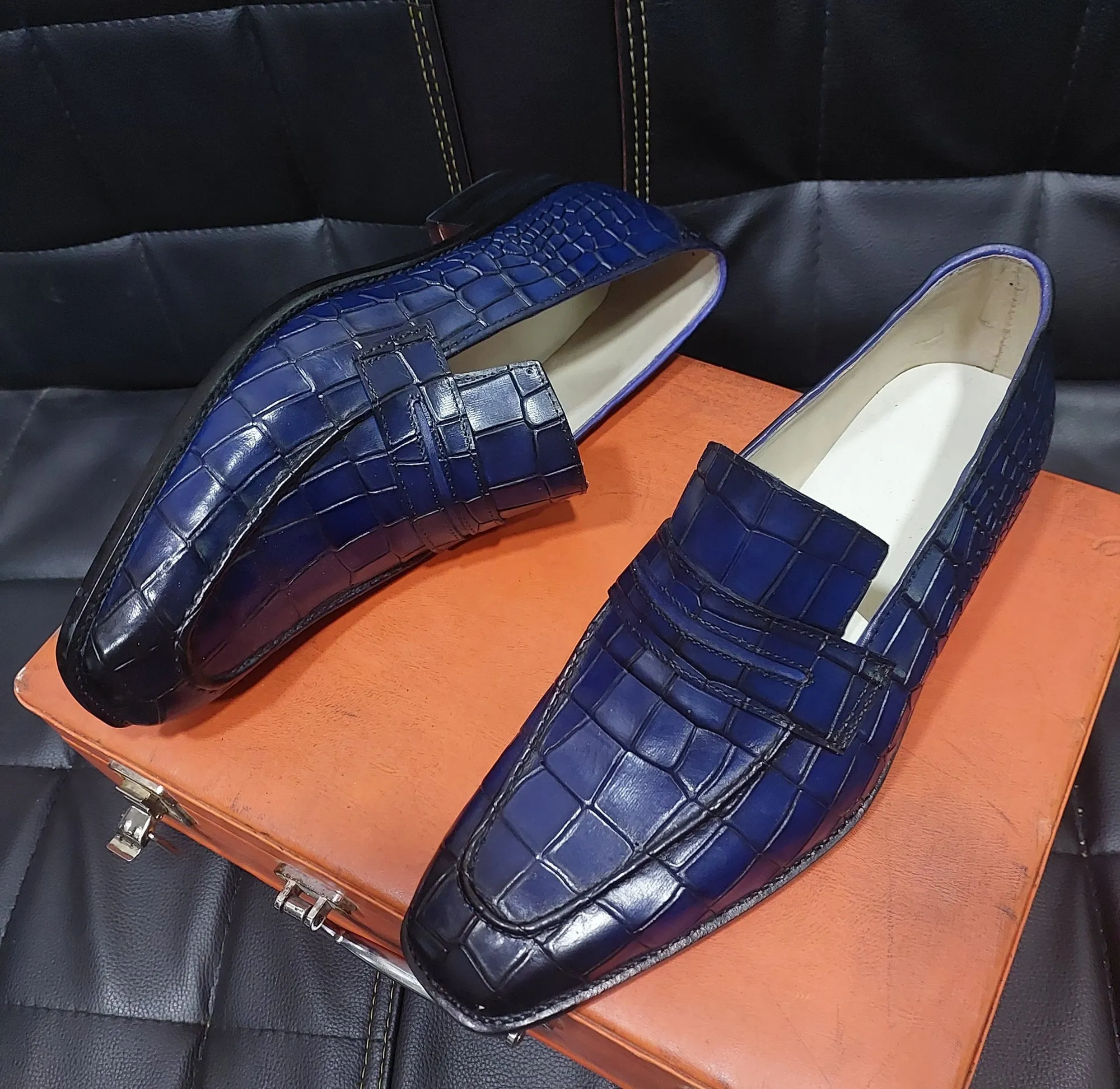 New Men's Handmade Formal Shoes Blue Crocodile Textured Leather Loafer Stylish Slip On Moccasin Shoes