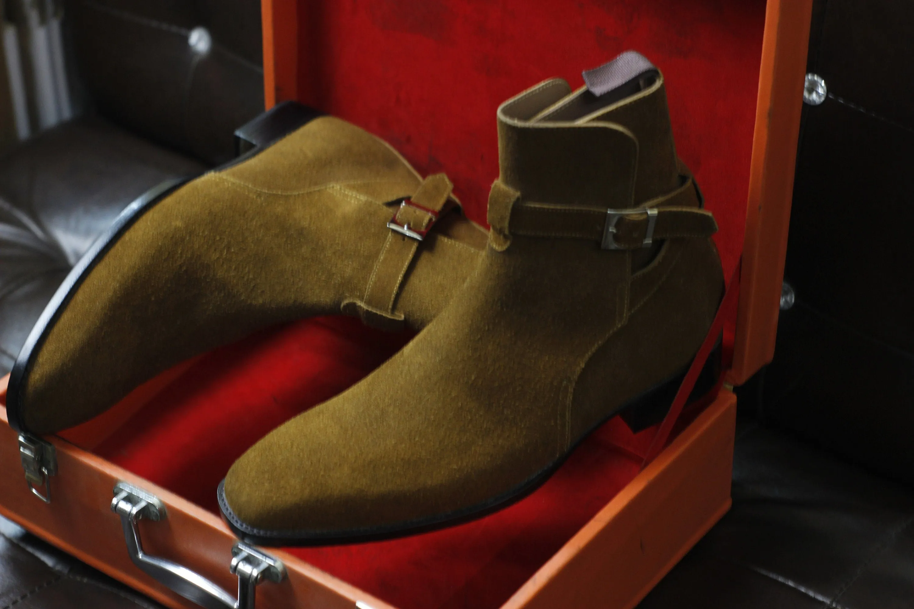 New Men's Handmade Formal Shoes Brown Suede Leather Jodhpurs Stylish Ankle High Buckle Strap Dress & Formal Boots