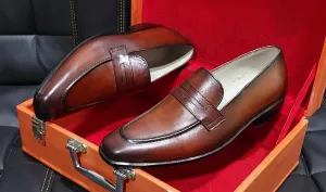 New Men's Handmade Formal Shoes Dark Brown shaded  Leather Slip On Stylish Loafer Moccasin Shoes