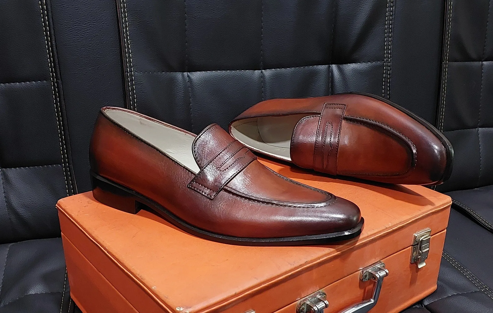 New Men's Handmade Formal Shoes Dark Brown shaded  Leather Slip On Stylish Loafer Moccasin Shoes