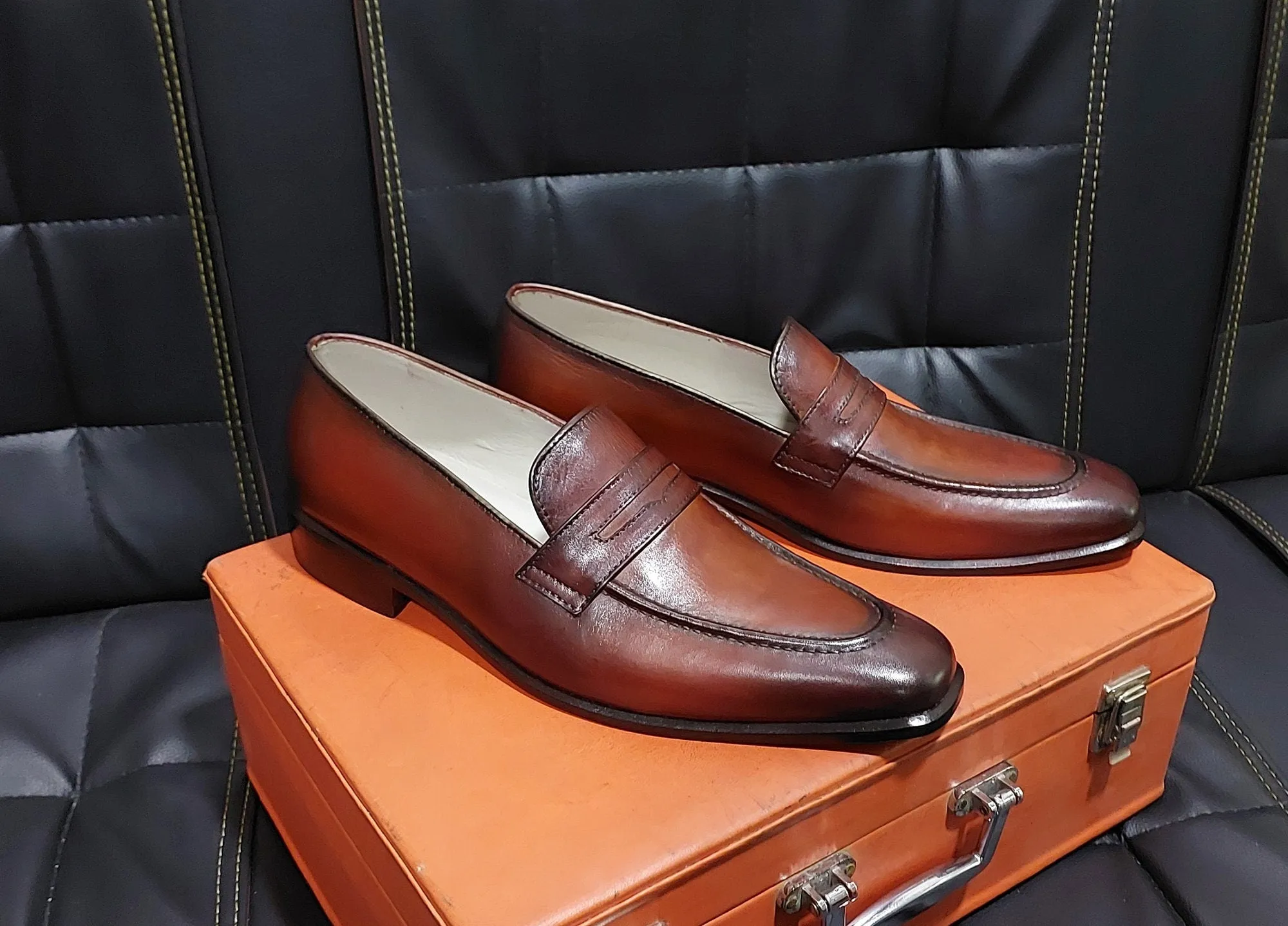 New Men's Handmade Formal Shoes Dark Brown shaded  Leather Slip On Stylish Loafer Moccasin Shoes