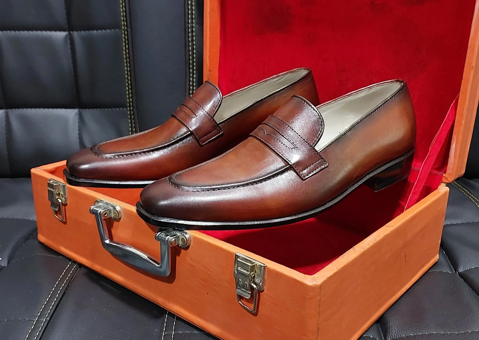 New Men's Handmade Formal Shoes Dark Brown shaded  Leather Slip On Stylish Loafer Moccasin Shoes