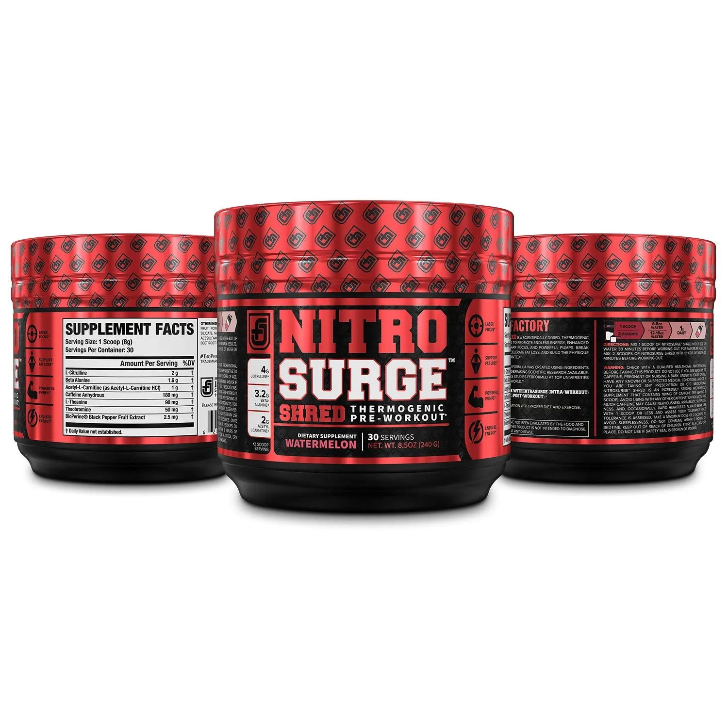 NITROSURGE Shred Pre Workout Supplement - Limitless Energy, Instant Strength Gains, Sharp Focus, Powerful Pumps - Nitric Oxide Booster & PreWorkout Powder - 30Sv, Watermelon