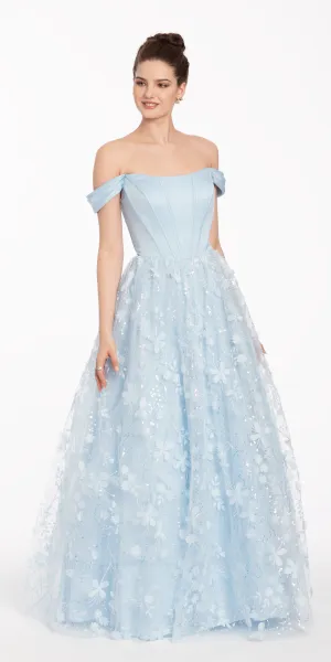 Off the Shoulder Corset Ballgown with 3D Floral Appliques