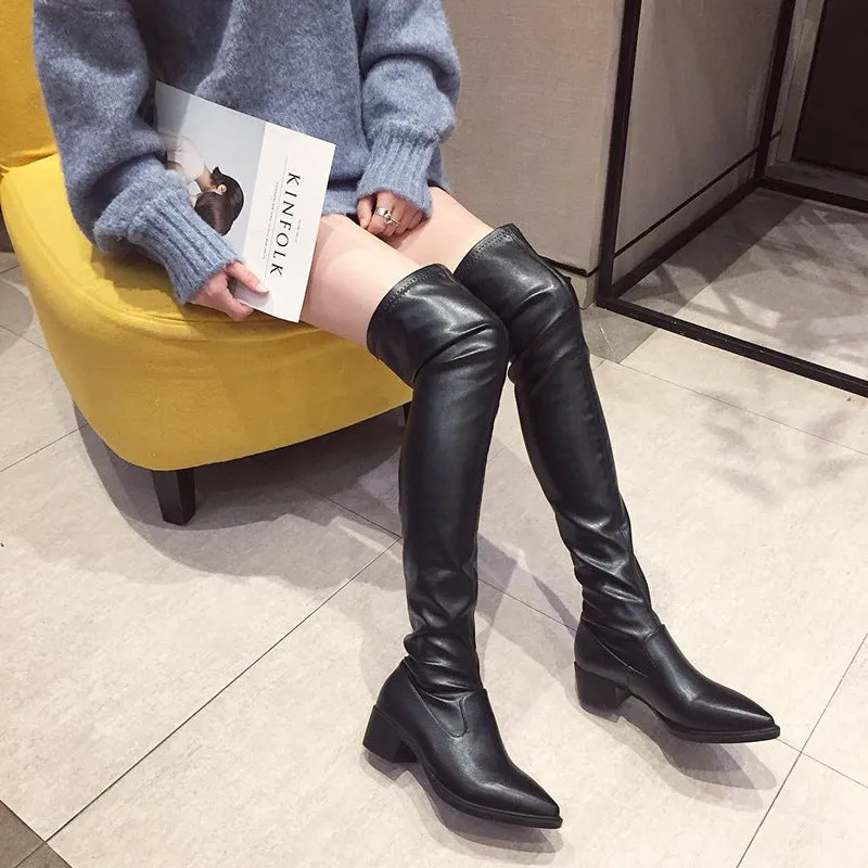 Pointy Nightclub Knee High Middle Heel Fashion Boots