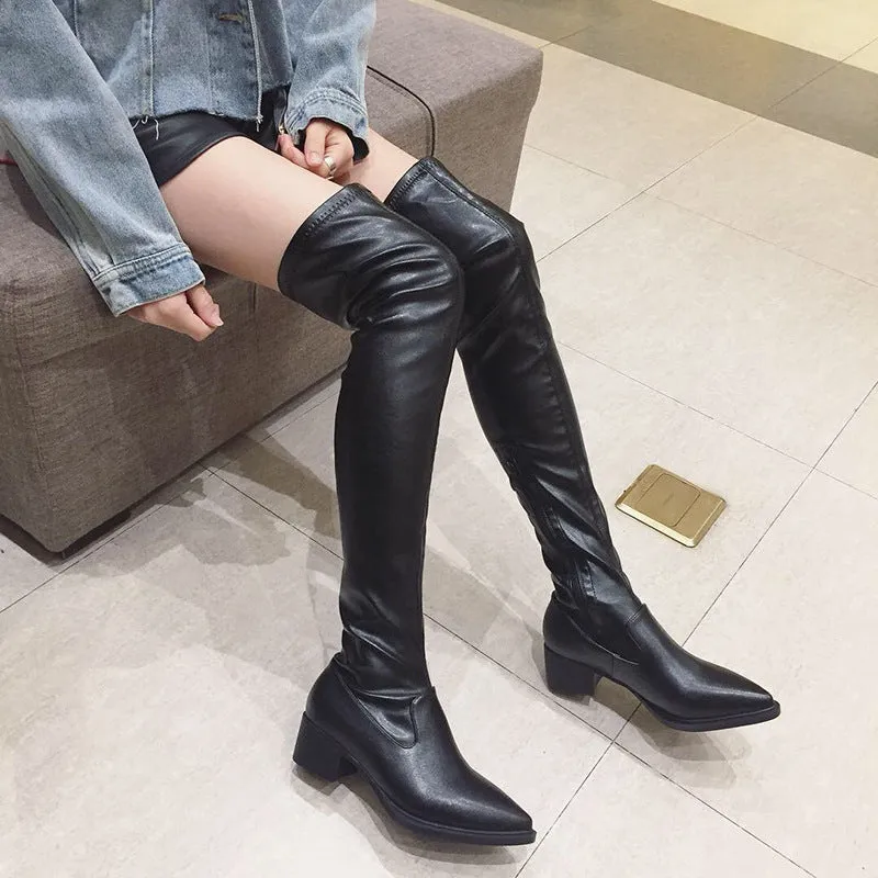 Pointy Nightclub Knee High Middle Heel Fashion Boots