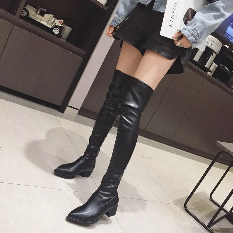 Pointy Nightclub Knee High Middle Heel Fashion Boots