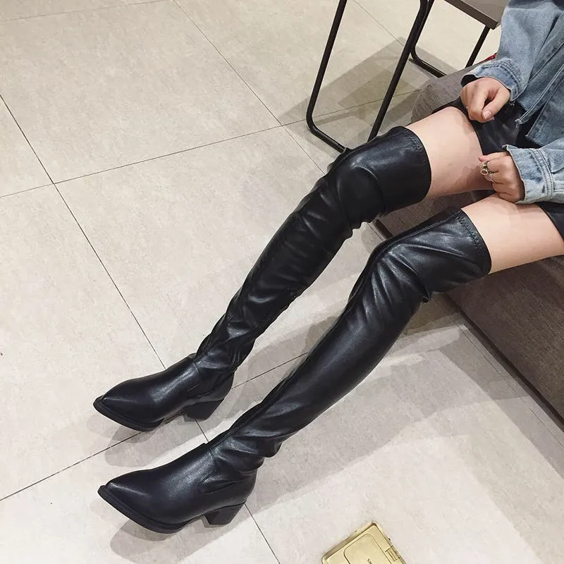 Pointy Nightclub Knee High Middle Heel Fashion Boots