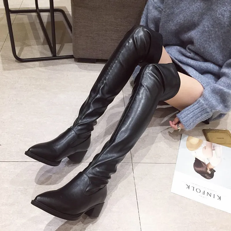 Pointy Nightclub Knee High Middle Heel Fashion Boots