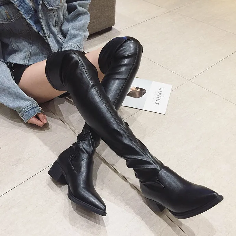 Pointy Nightclub Knee High Middle Heel Fashion Boots