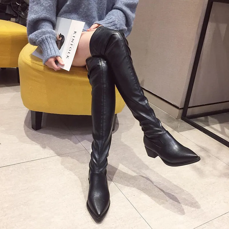 Pointy Nightclub Knee High Middle Heel Fashion Boots