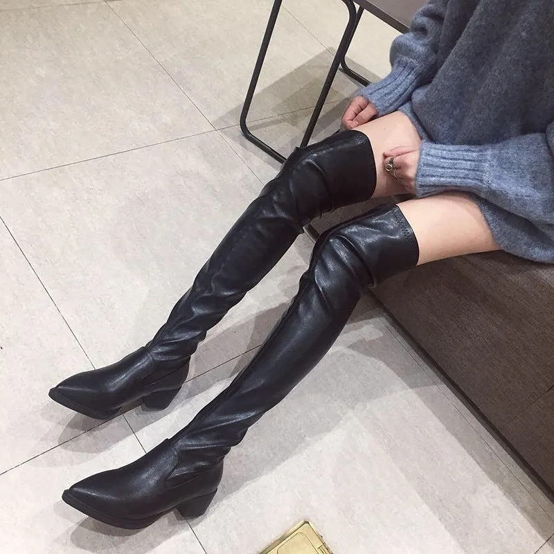 Pointy Nightclub Knee High Middle Heel Fashion Boots