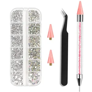Rhinestones for Nails Art Gems, 2200 Pcs Nail Jewels Crystals Nail Art Rhinestones Decorations Nail Rhinestones Kit with Rhinestone Picker Dotting Pen, 2 Wax Pen Tips and 1Tweezer(Clear and AB)