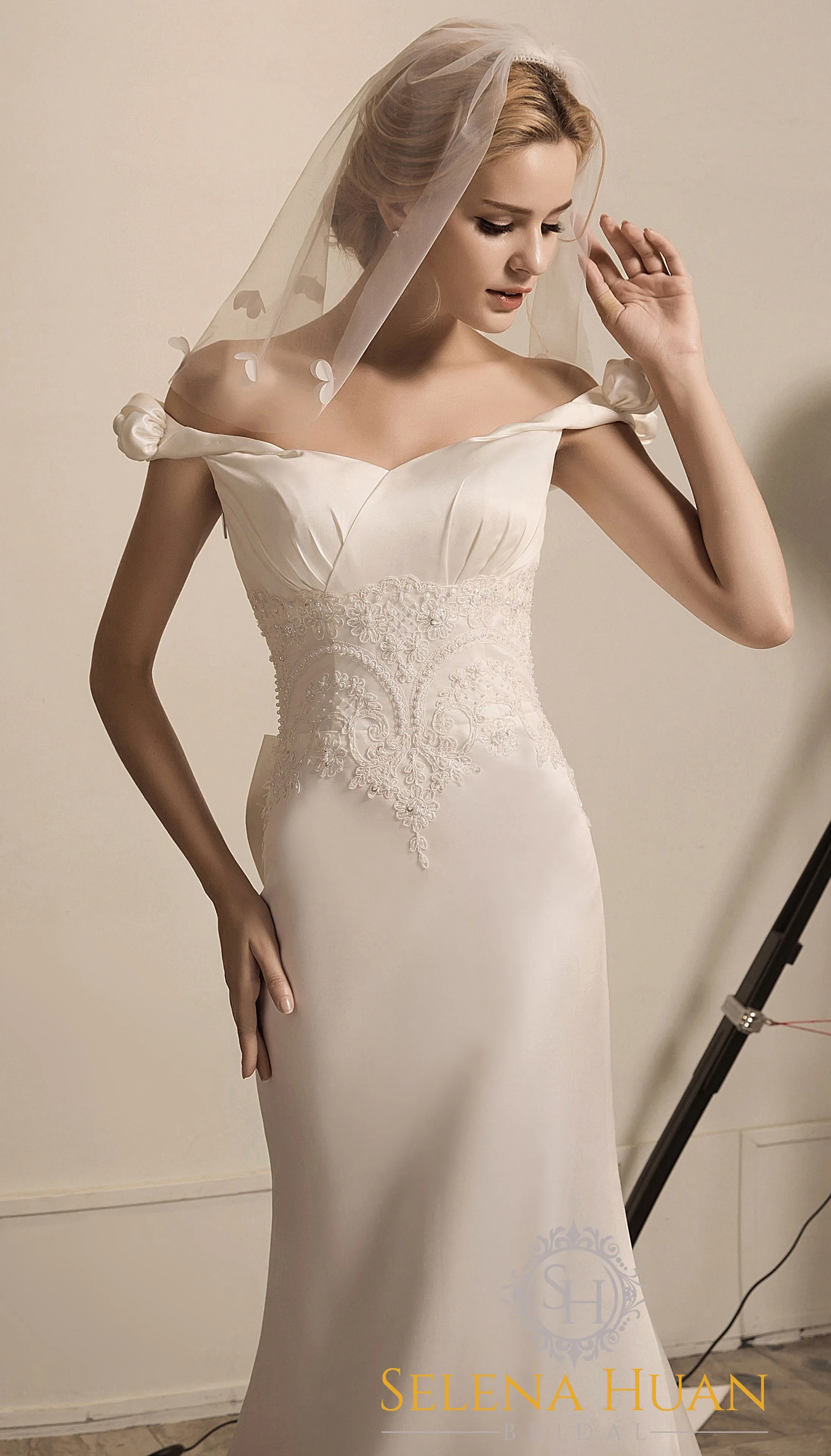 Rose Manor - Beaded Floral lace off-the-shoulder mermaid soft silky satin prom dress colored wedding dress
