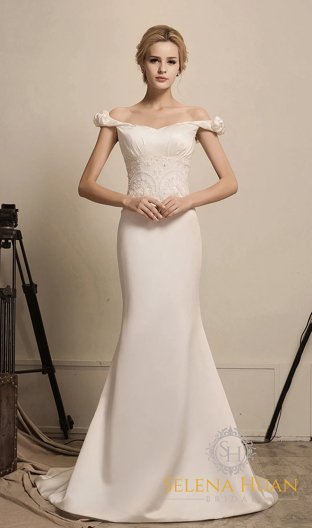 Rose Manor - Beaded Floral lace off-the-shoulder mermaid soft silky satin prom dress colored wedding dress