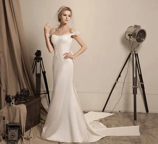 Rose Manor - Beaded Floral lace off-the-shoulder mermaid soft silky satin prom dress colored wedding dress
