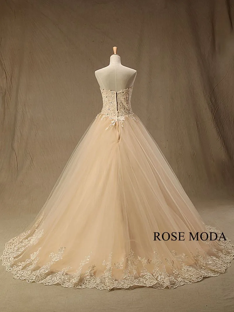 Rosemoda champagne  Beaded Lace Ball Gown Wedding Dress With Long Veil