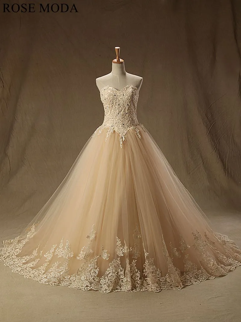 Rosemoda champagne  Beaded Lace Ball Gown Wedding Dress With Long Veil