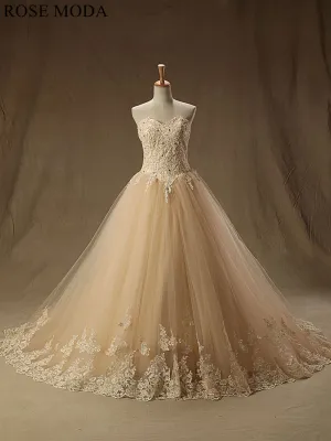 Rosemoda champagne  Beaded Lace Ball Gown Wedding Dress With Long Veil