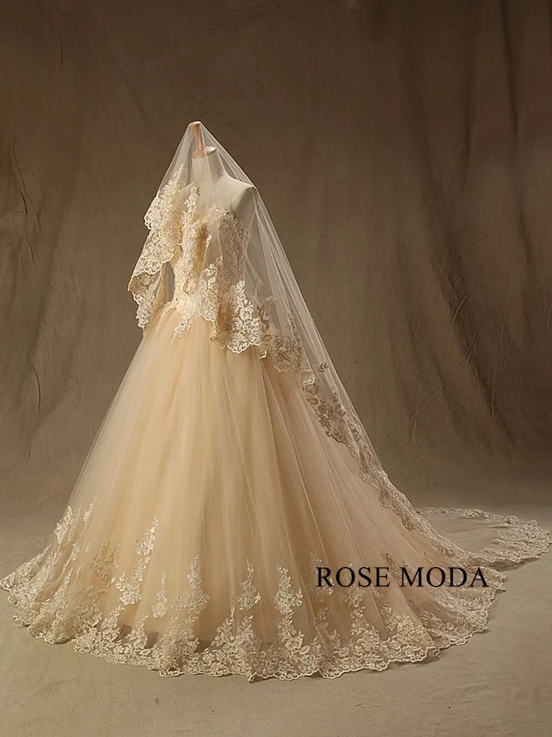 Rosemoda champagne  Beaded Lace Ball Gown Wedding Dress With Long Veil