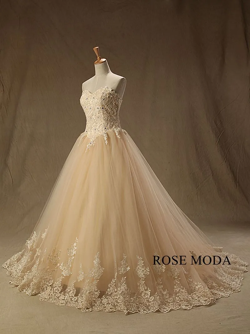 Rosemoda champagne  Beaded Lace Ball Gown Wedding Dress With Long Veil