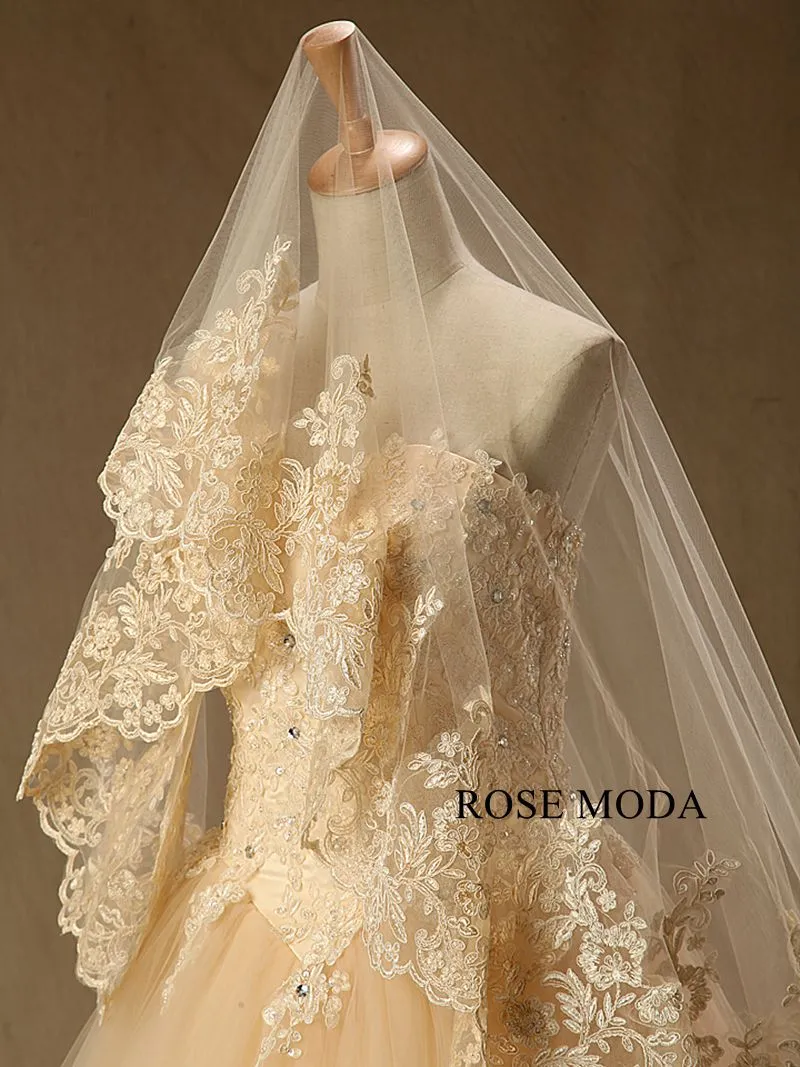 Rosemoda champagne  Beaded Lace Ball Gown Wedding Dress With Long Veil
