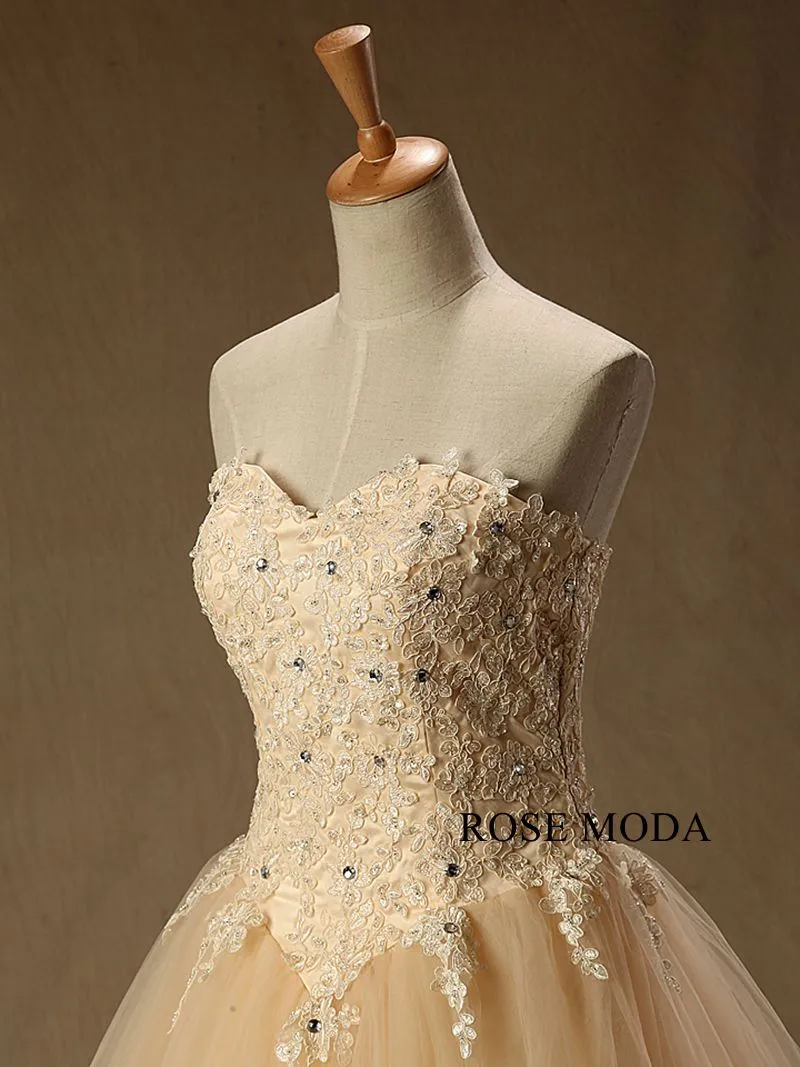 Rosemoda champagne  Beaded Lace Ball Gown Wedding Dress With Long Veil