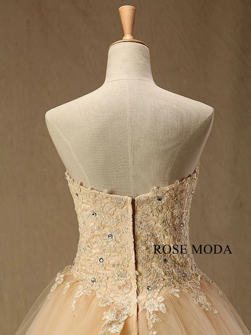 Rosemoda champagne  Beaded Lace Ball Gown Wedding Dress With Long Veil