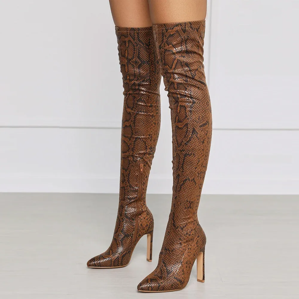 Side Zipper Pointed High Thick Heel Knee Elastic Boots