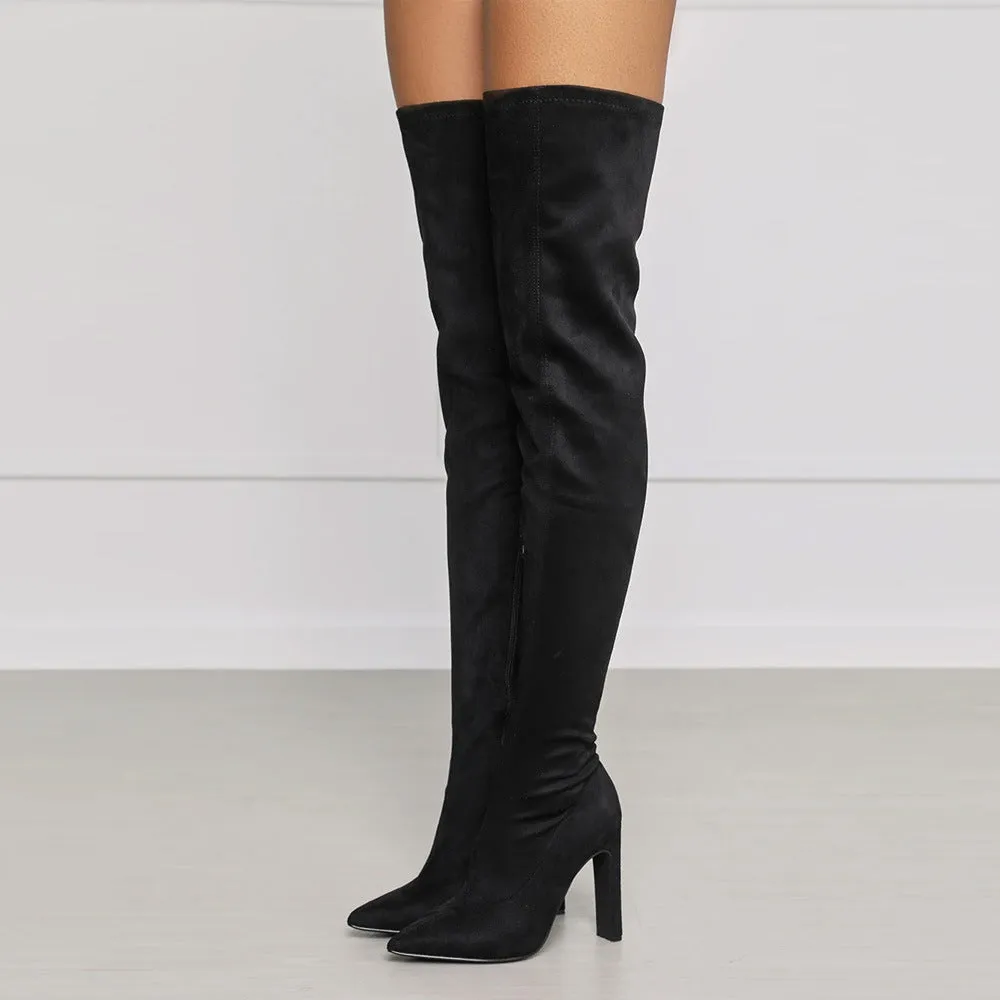 Side Zipper Pointed High Thick Heel Knee Elastic Boots