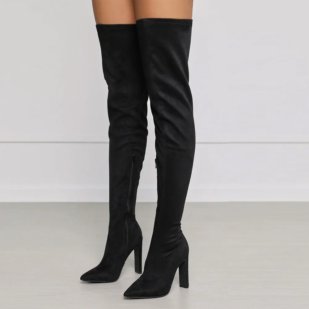 Side Zipper Pointed High Thick Heel Knee Elastic Boots
