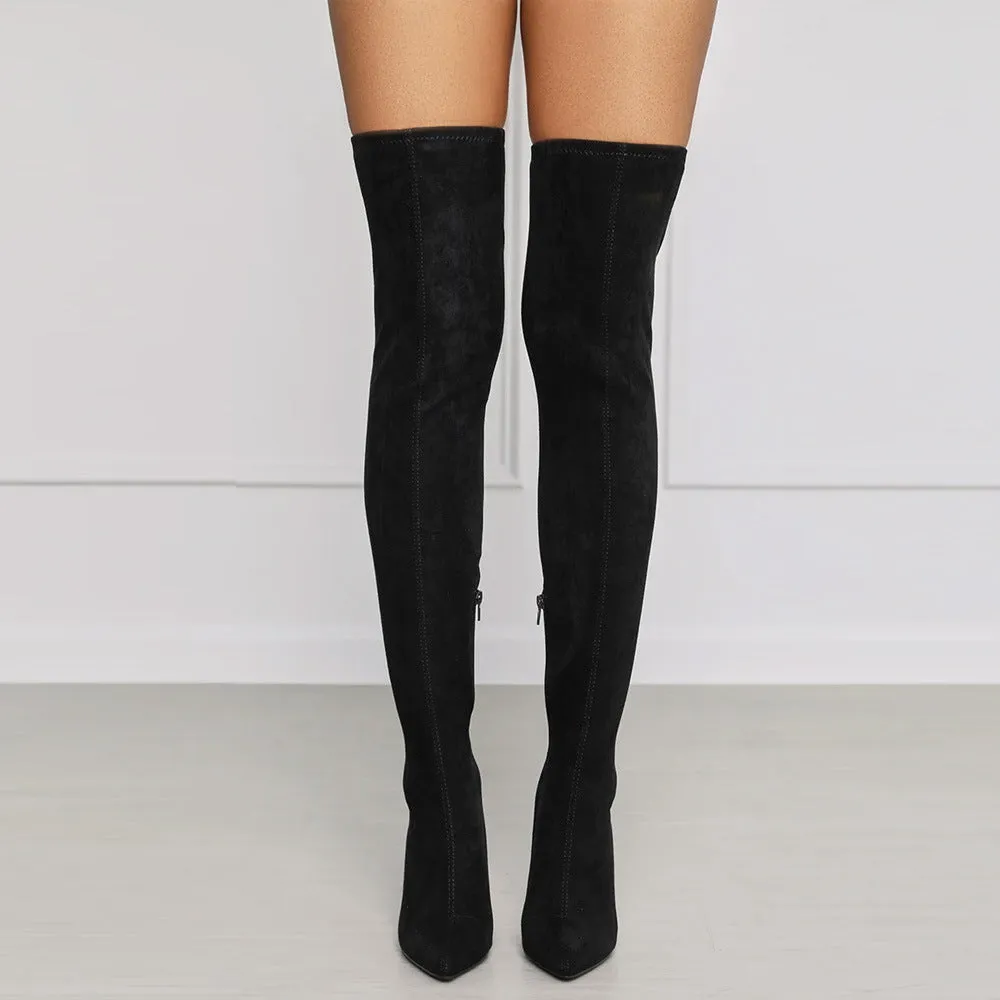 Side Zipper Pointed High Thick Heel Knee Elastic Boots