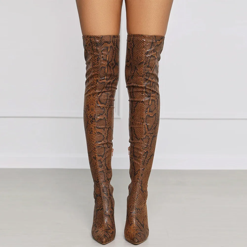 Side Zipper Pointed High Thick Heel Knee Elastic Boots