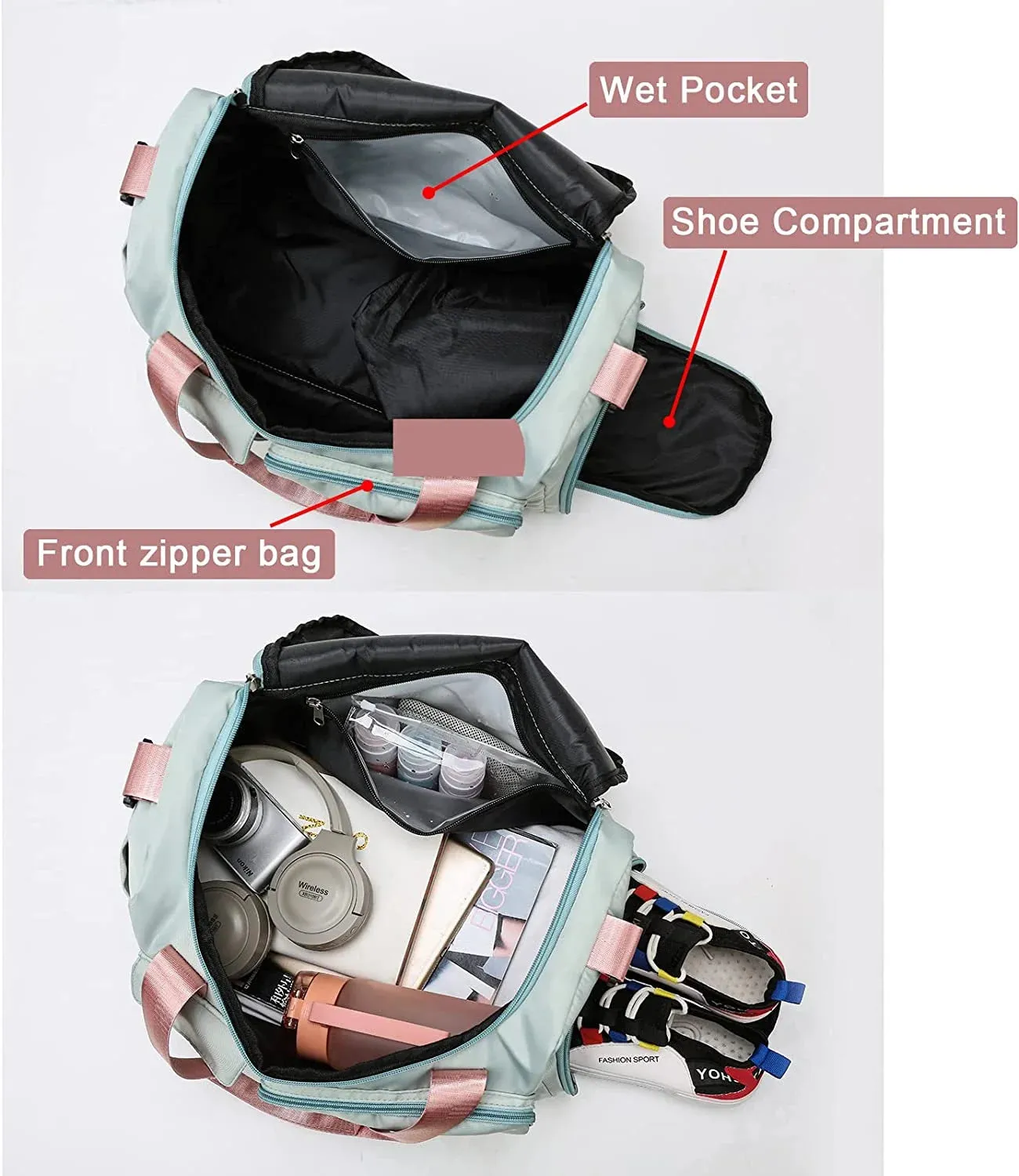 Small Gym Bag for Women, Waterproof Duffle Bag Carry on Weekender Bag with Shoe Compartment & Wet Pocket, Tote Bag for Travel, Workout, Sport