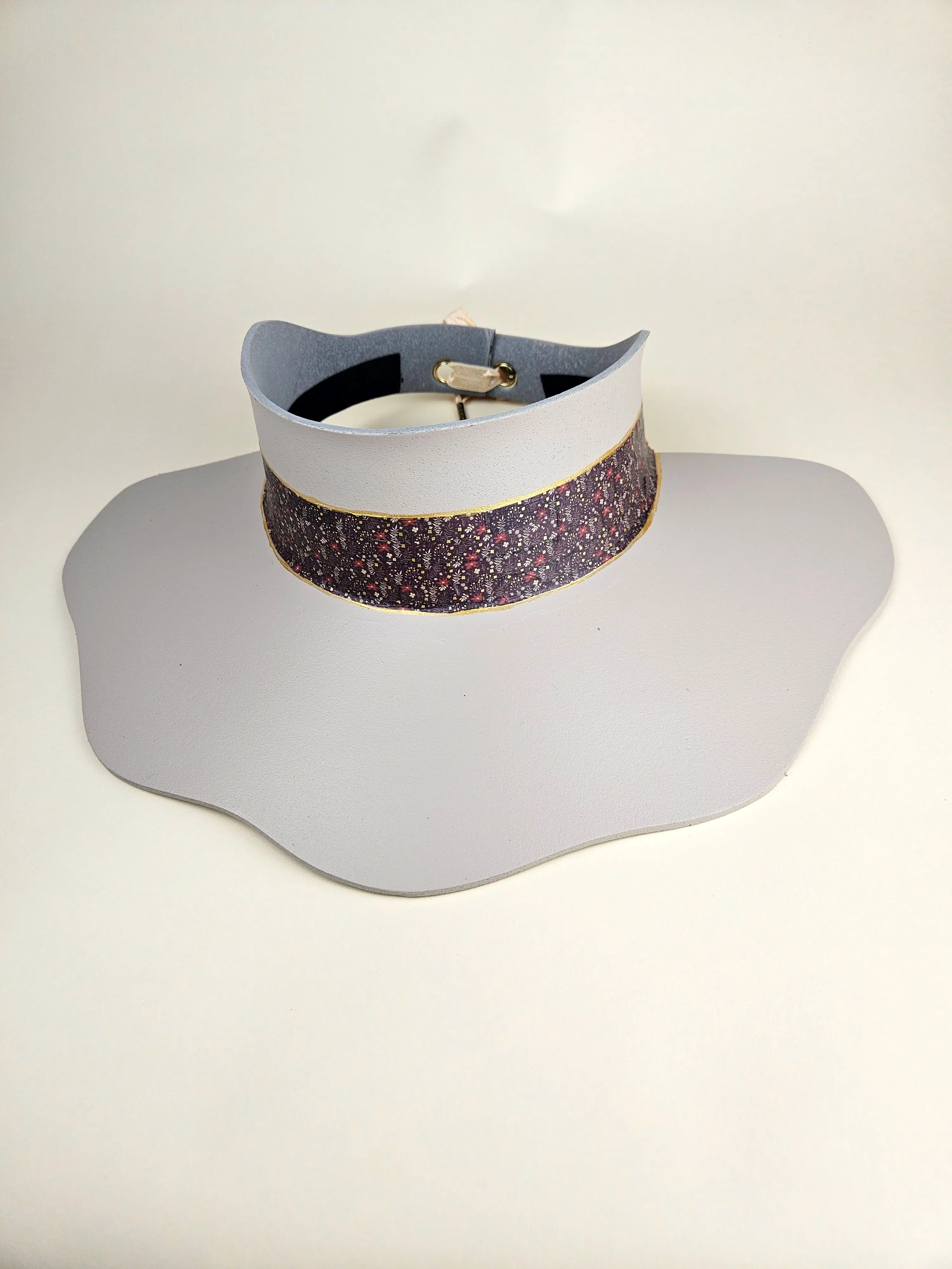 Tall Peach Gray Lotus Visor Hat with Dark Red and Purple Floral Band