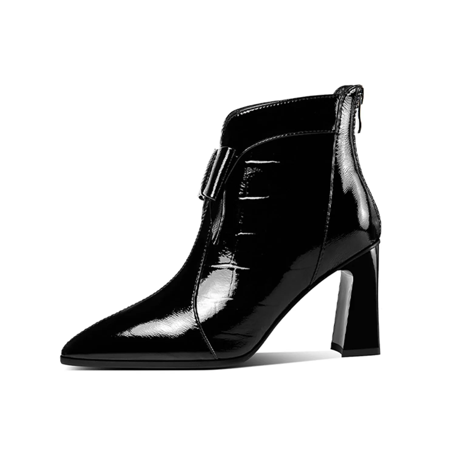 TinaCus Patent Leather Women's Handmade Pointed Toe High Heel Glossy Bowknot Ankle Booties with Back Zip