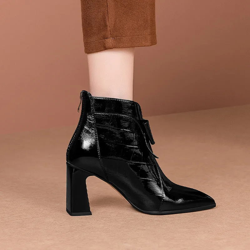 TinaCus Patent Leather Women's Handmade Pointed Toe High Heel Glossy Bowknot Ankle Booties with Back Zip