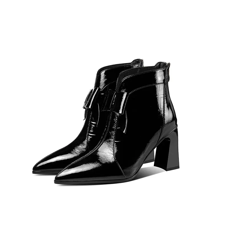 TinaCus Patent Leather Women's Handmade Pointed Toe High Heel Glossy Bowknot Ankle Booties with Back Zip