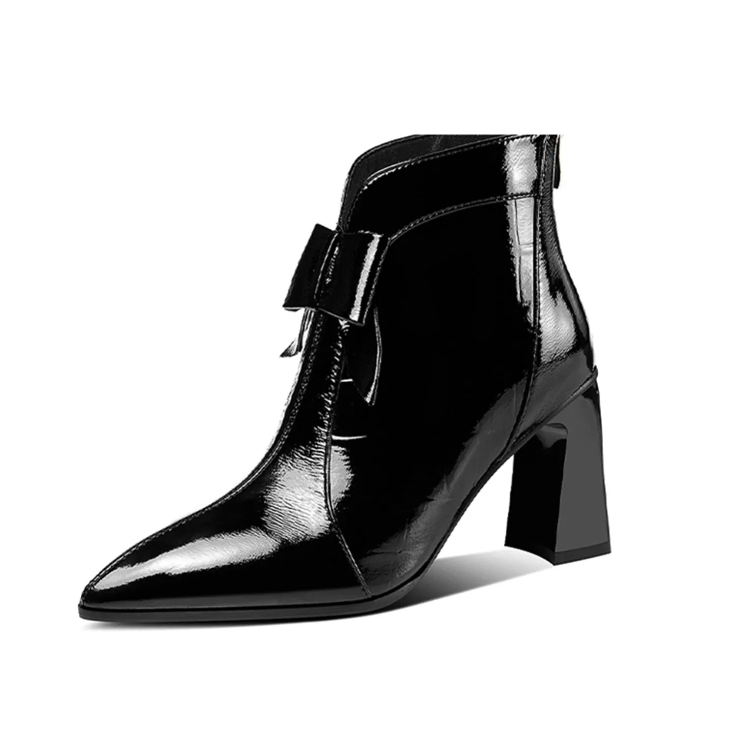 TinaCus Patent Leather Women's Handmade Pointed Toe High Heel Glossy Bowknot Ankle Booties with Back Zip