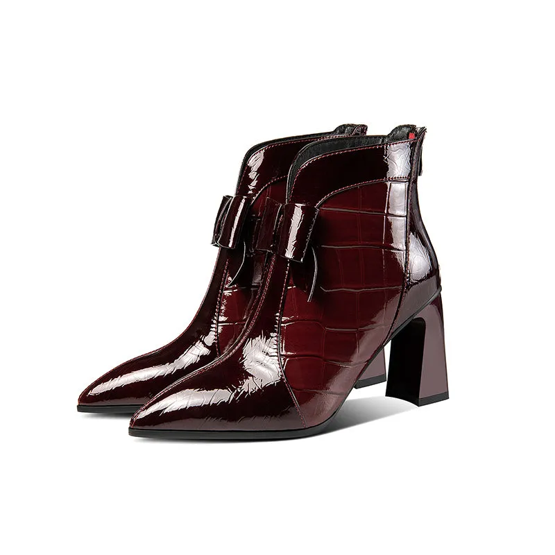 TinaCus Patent Leather Women's Handmade Pointed Toe High Heel Glossy Bowknot Ankle Booties with Back Zip