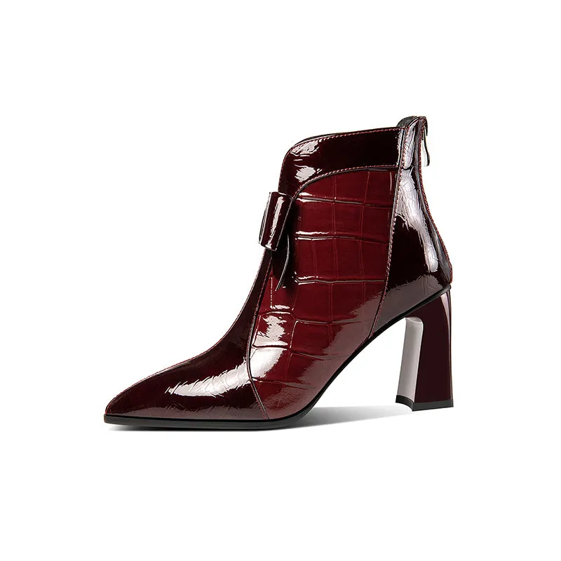 TinaCus Patent Leather Women's Handmade Pointed Toe High Heel Glossy Bowknot Ankle Booties with Back Zip