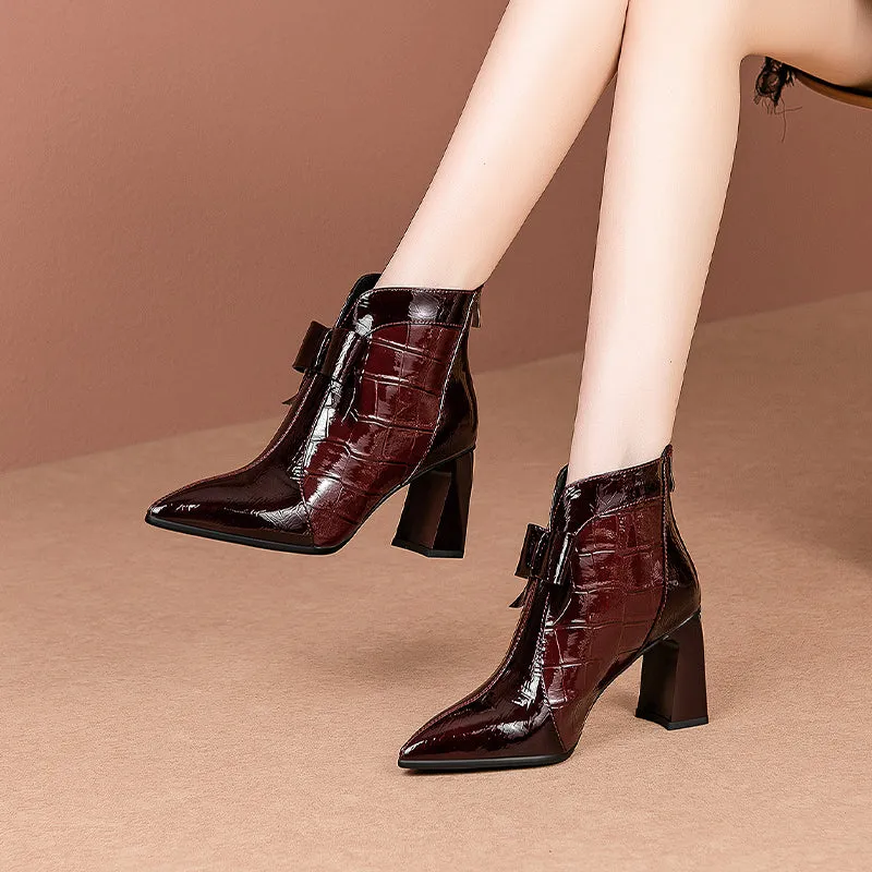 TinaCus Patent Leather Women's Handmade Pointed Toe High Heel Glossy Bowknot Ankle Booties with Back Zip