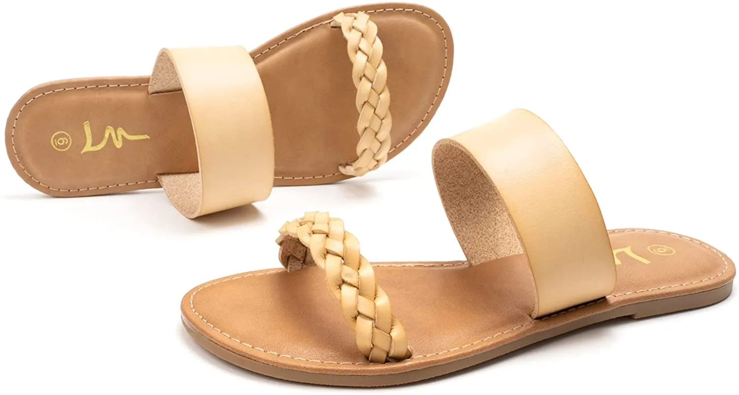 Women's Braided Slide Sandals Open Toe Two Strap Slip On Flat Sandals
