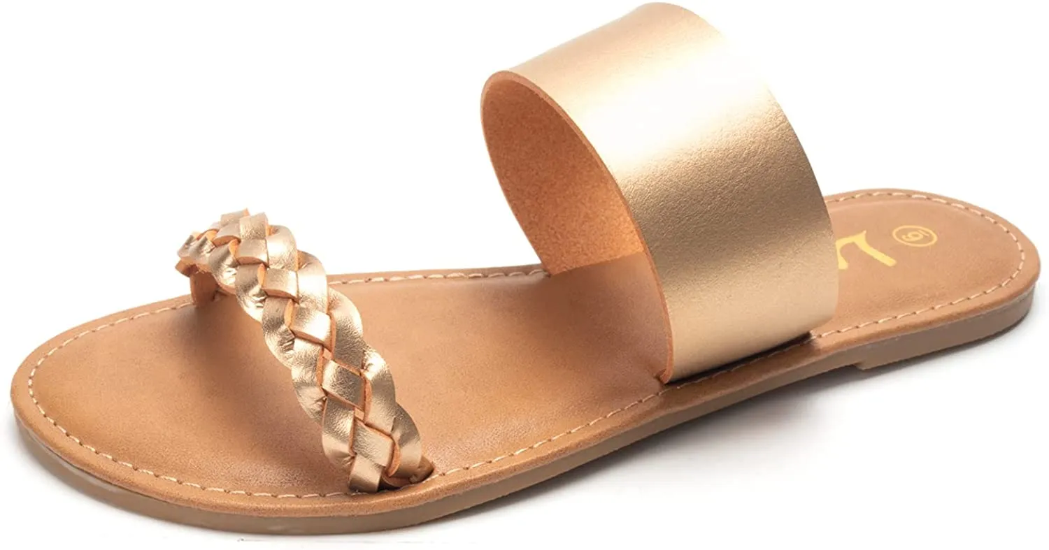 Women's Braided Slide Sandals Open Toe Two Strap Slip On Flat Sandals