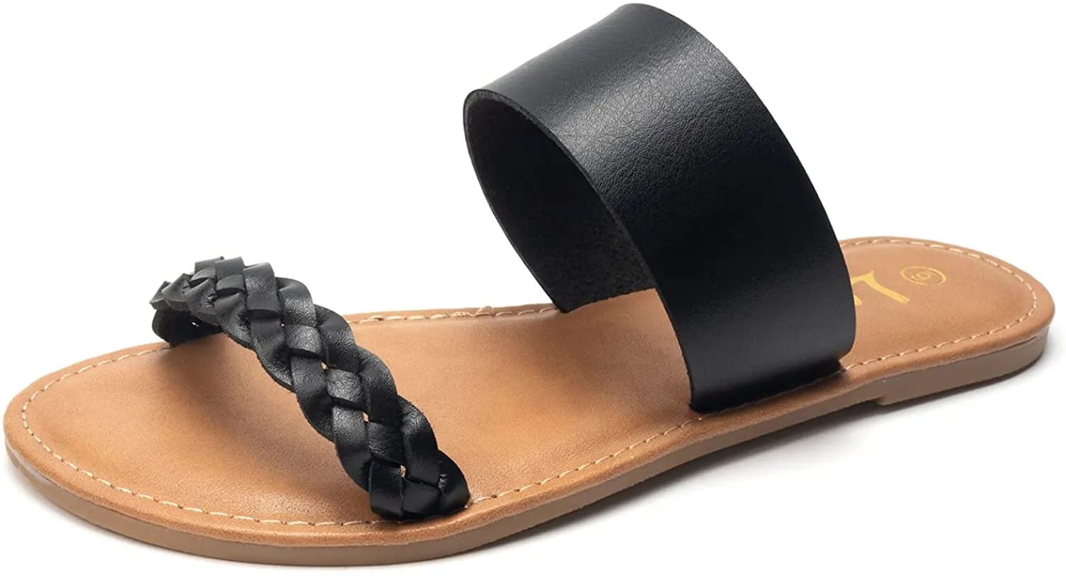 Women's Braided Slide Sandals Open Toe Two Strap Slip On Flat Sandals