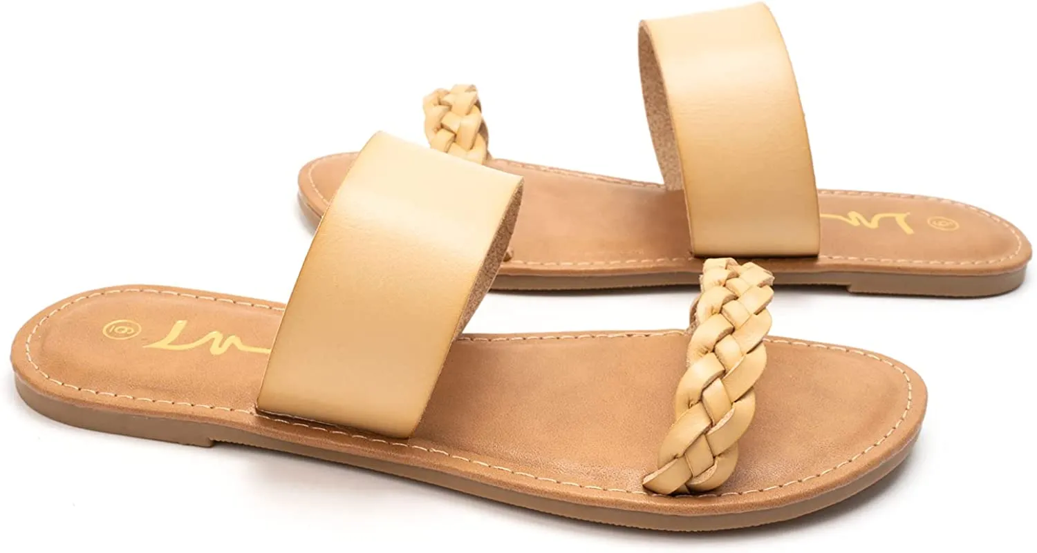 Women's Braided Slide Sandals Open Toe Two Strap Slip On Flat Sandals